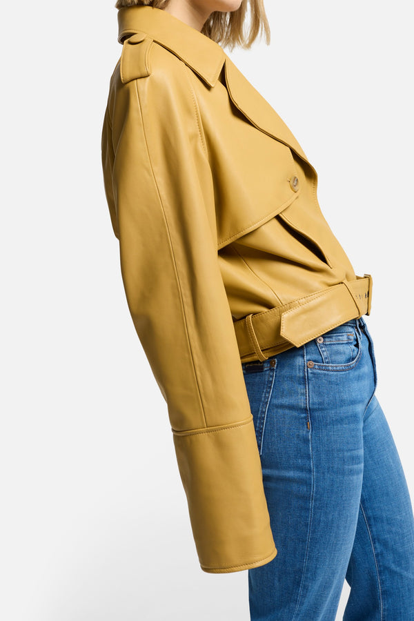 Cropped Leather Biker Jacket in Honey