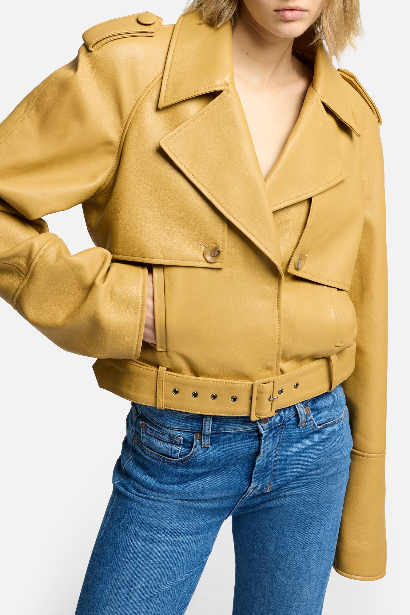 Cropped Leather Biker Jacket in Honey | 7 For All Mankind