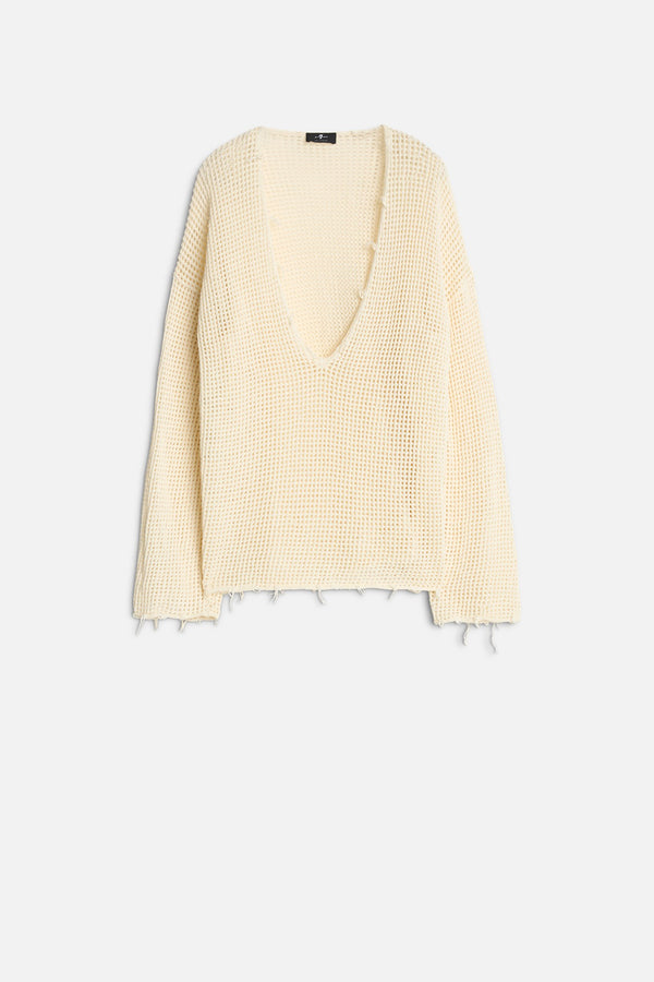 DEEP V-NECK OPEN KNIT PULLOVER