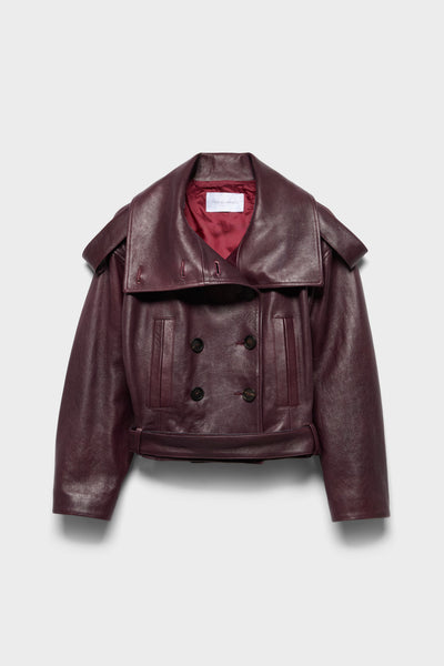 DOUBLE BREASTED HIGH NECK SHOR in Leather Black Cherry