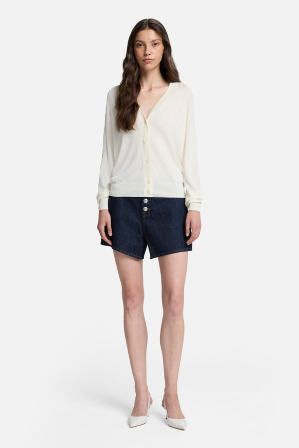 Silk Blend V-Neck Cardigan in Ivory