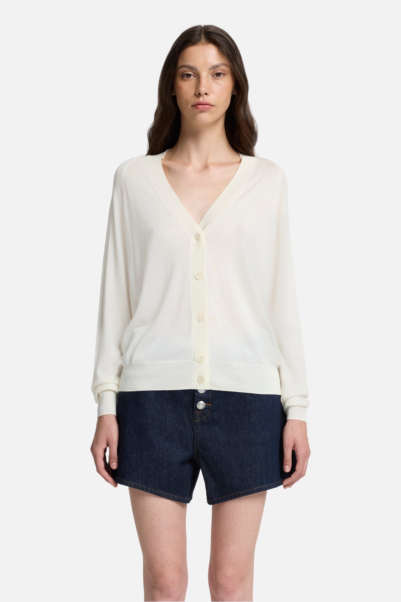Silk Blend V-Neck Cardigan in Ivory | 7 For All Mankind