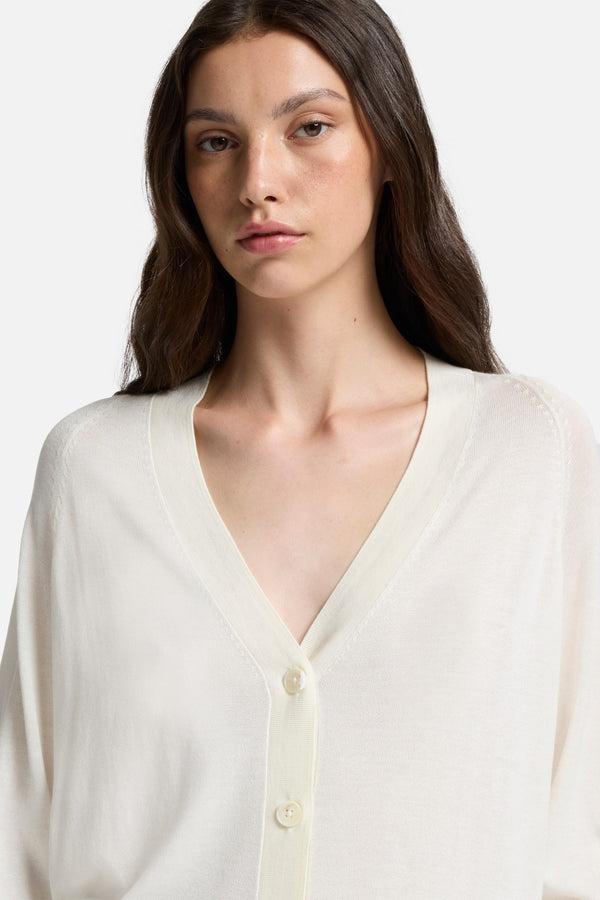 Silk Blend V-Neck Cardigan in Ivory