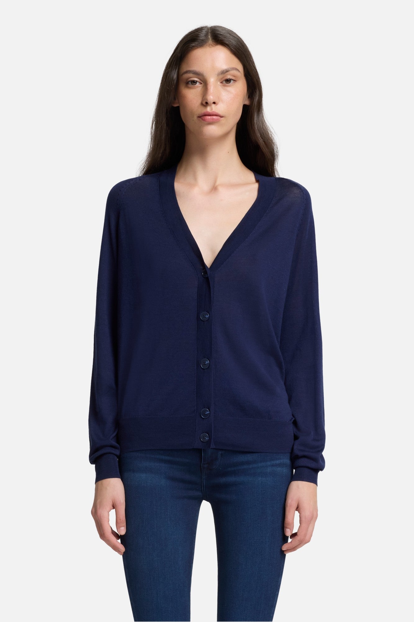 TODAYFUL　Brashed Vneck Cardigan Silk Blend V-Neck Cardigan in Navy | 7 For All Mankind