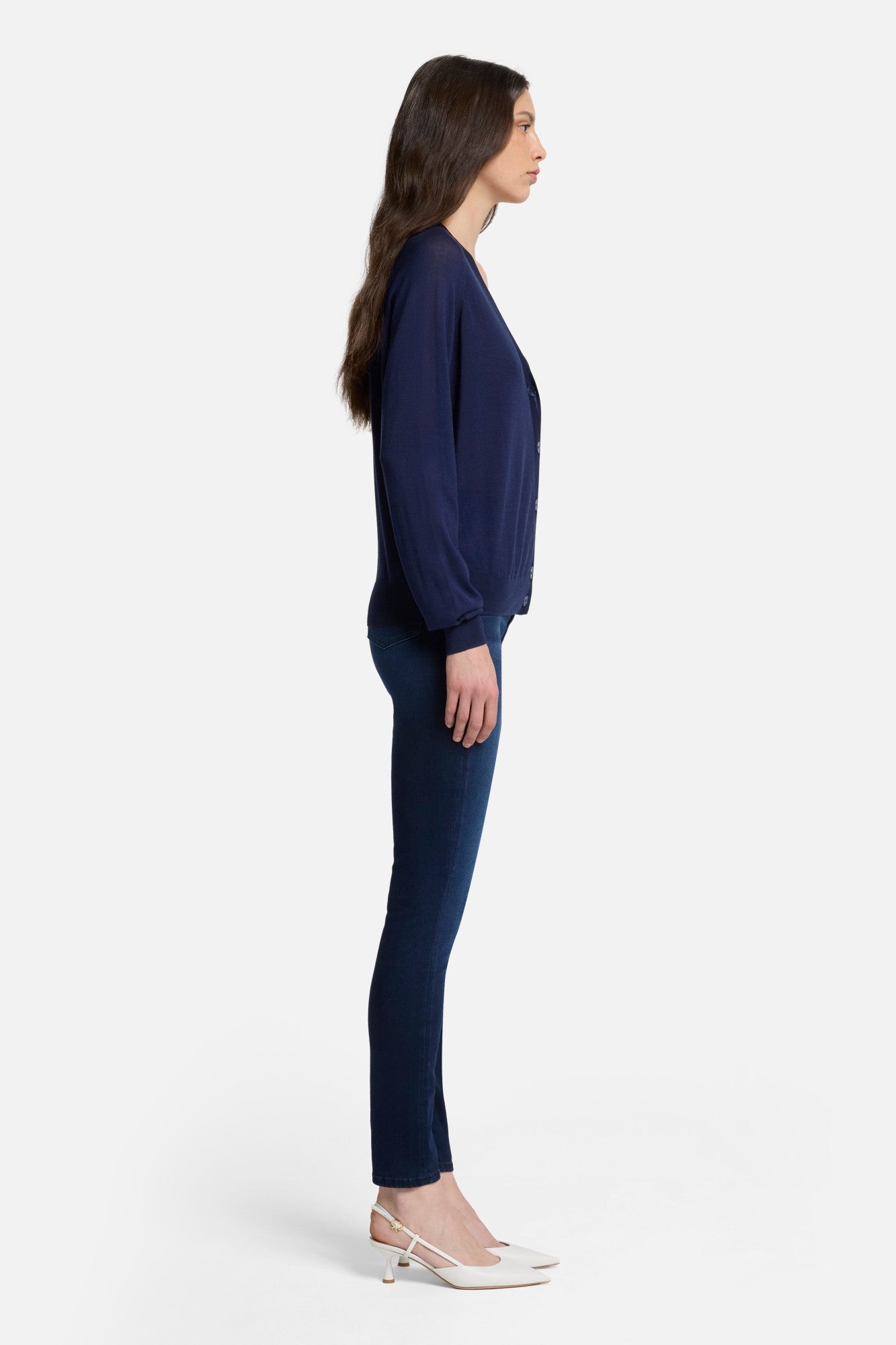 Silk Blend V-Neck Cardigan in Navy | 7 For All Mankind