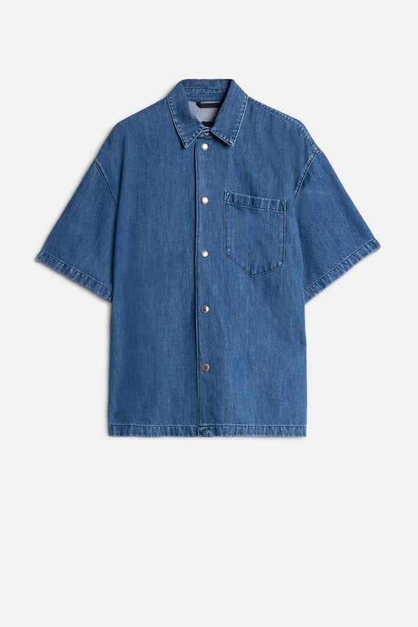 SHORT SLEEVE DENIM OVERSHIRT in Indigo Linen
