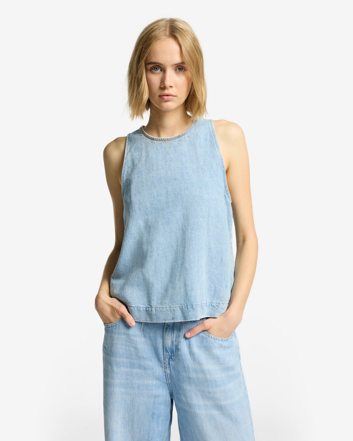 Tシャツ・カットソー 7 FOR ALL MANKIND Women Tops 7U018U03 DARK BLUE Indigo Linen Sleeveless Top in Kansas | 7 For All Mankind