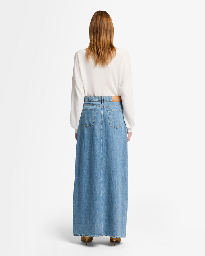 ★ ★ Women's Bleached Indigo Denim Maxi Skirt 47 Bleached Denim Godet Maxi Skirt – Tibi Official
