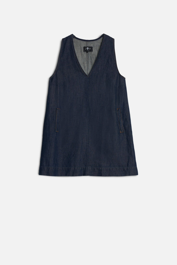 V-NECK DRESS in Indigo Linen