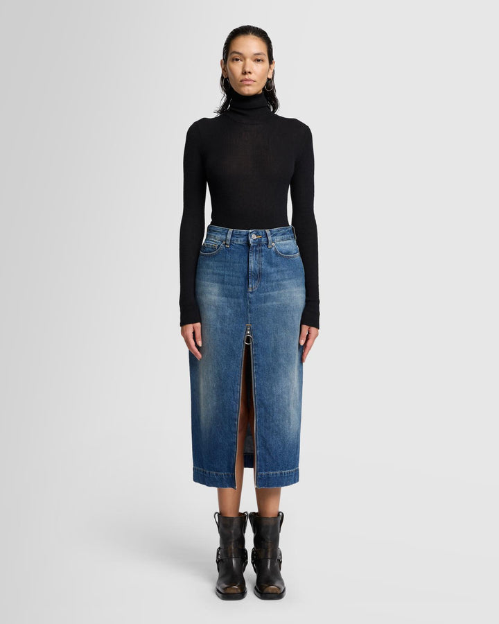 Amber Zip Denim Midi Skirt in Topic
