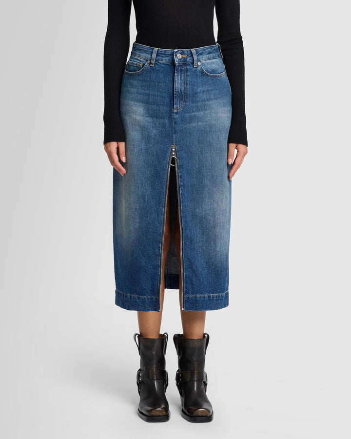 Amber Zip Denim Midi Skirt in Topic