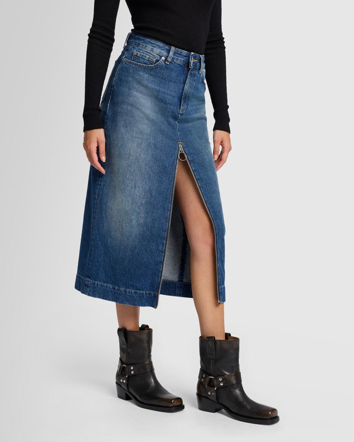 Amber Zip Denim Midi Skirt in Topic
