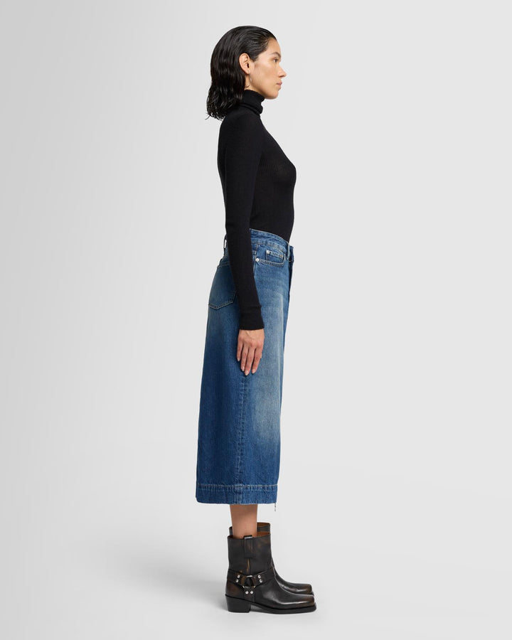 Amber Zip Denim Midi Skirt in Topic