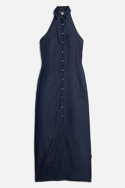 HALTER MAXI DRESS in Indigo Linen Blossom