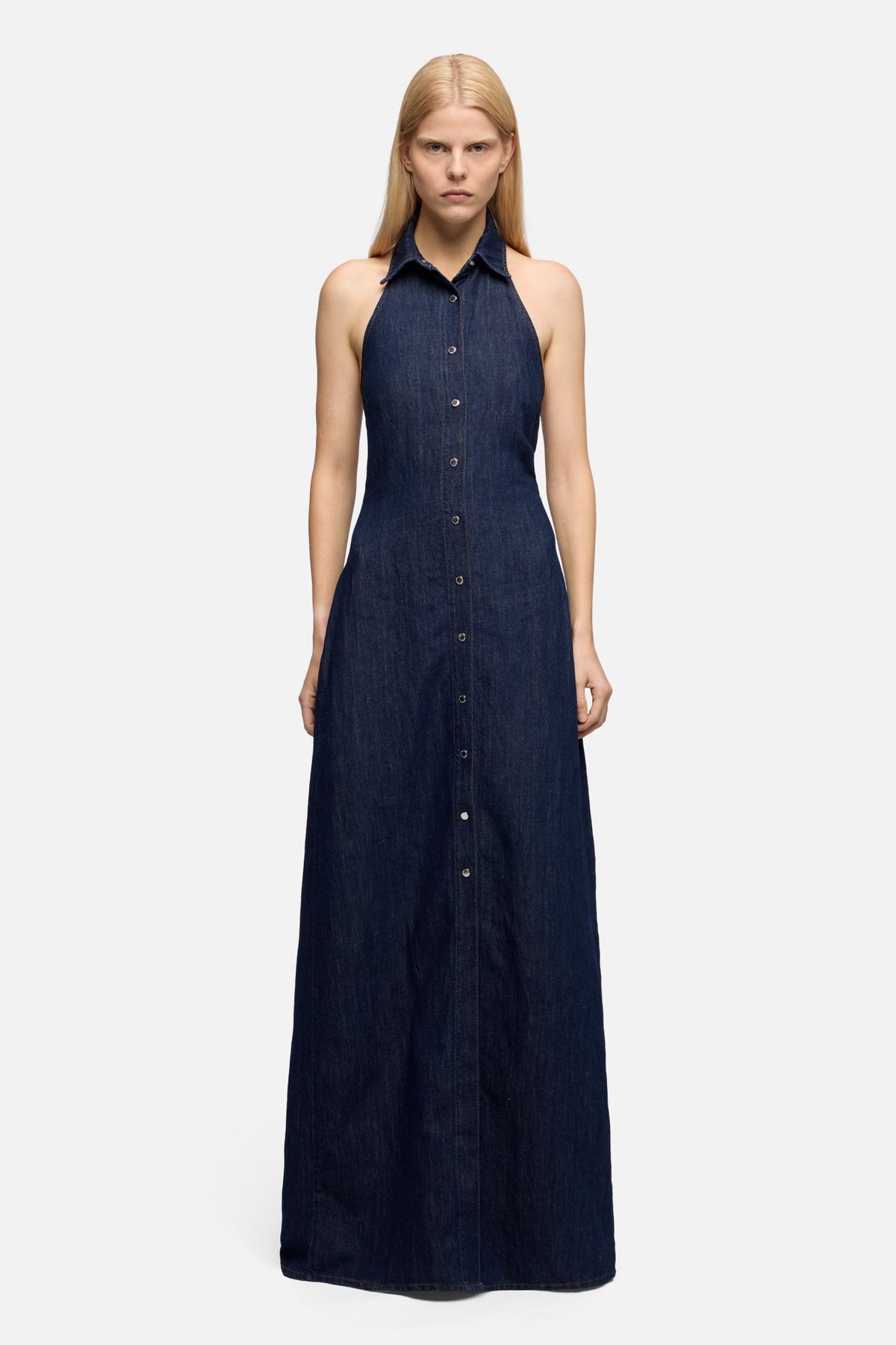 halter neck denim maxi dress Denim Halter Neck Button-down Long Dress