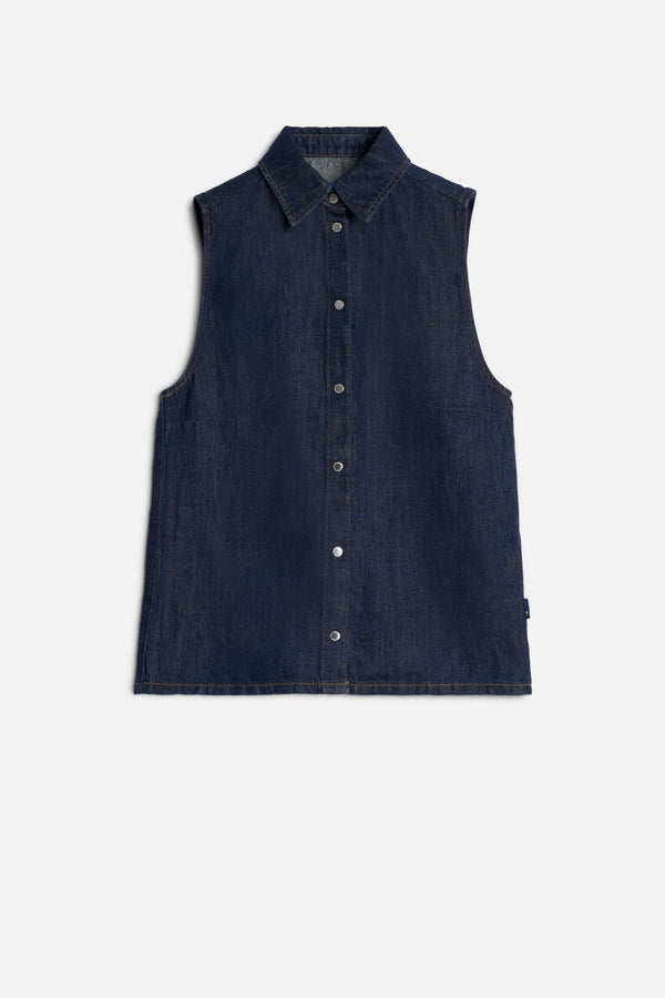 SLEEVELESS SHIRT in Indigo Linen