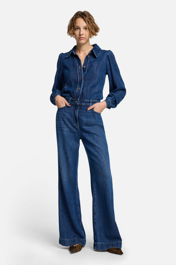 Denim Lustre Tailored Jumpsuit in Go Getter
