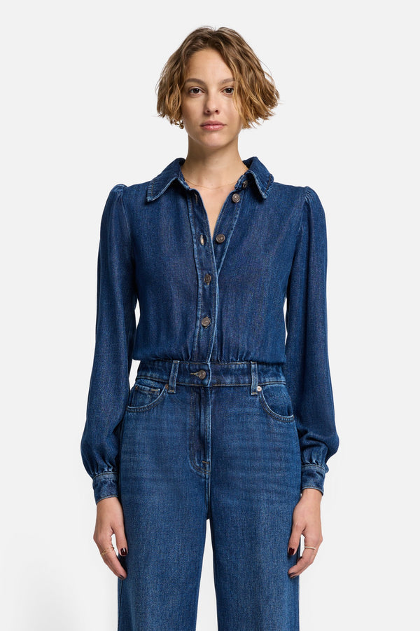 Denim Lustre Tailored Jumpsuit in Go Getter