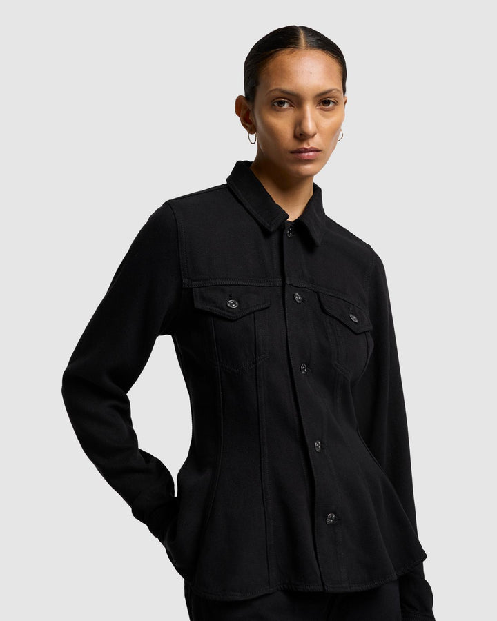 Denim Lustre Flounce Trucker Jacket in Raven For All Mankind