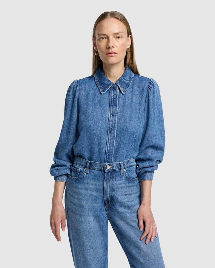 Denim Lustre Puff Sleeve Shirt in Dream On