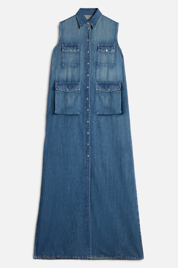 CARGO SLEEVELESS DRESS in Indigo Linen