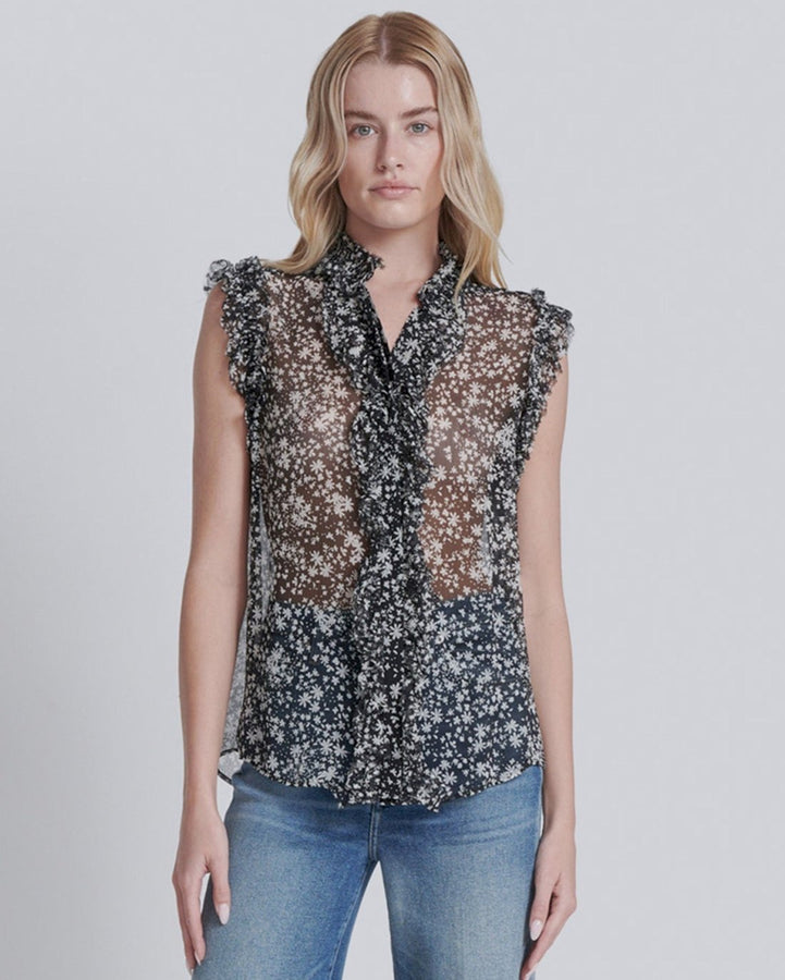 Sleeveless Ruffle Top in Black White Print 7 For All Mankind