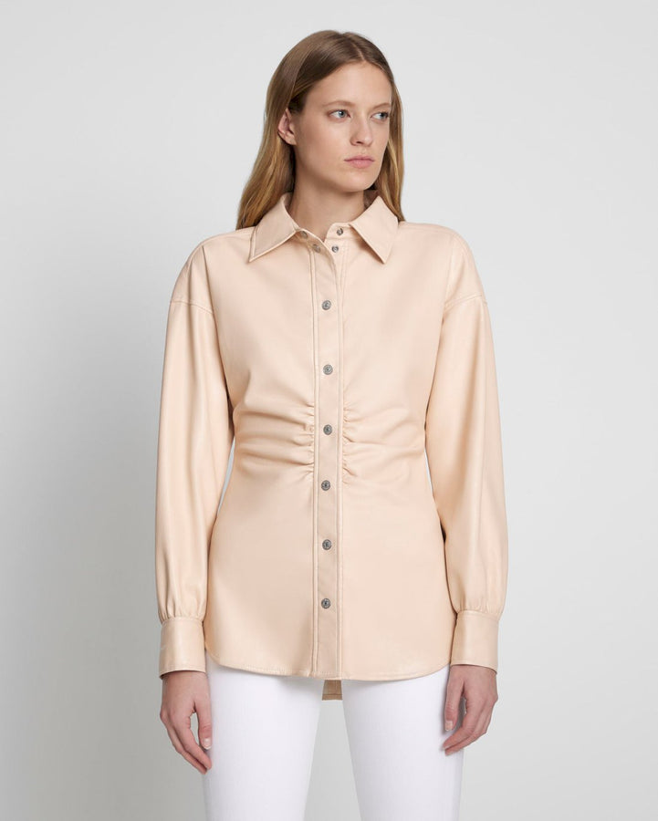 Faux Leather Cinched Waist Button Up Shirt in Nude