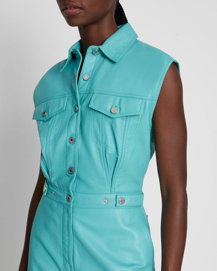 Leather Sleeveless Balloon Jumpsuit in Atlantis