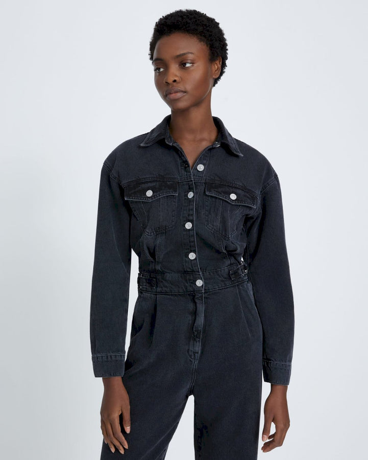 NINE9U sweat×denim balloon-sleeve Tops Balloon Sleeve Crew Neck Pullover Short Sweatshirt – Niobe
