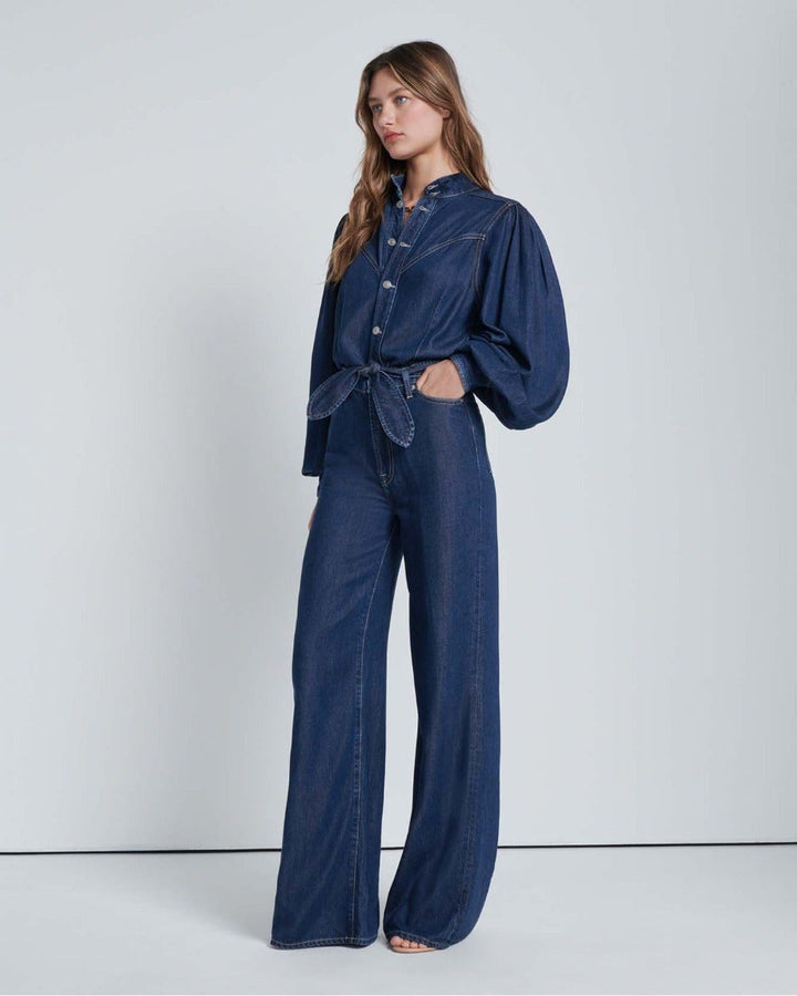 Puff Sleeve Tie Waist Medium Wash Denim Jumpsuit