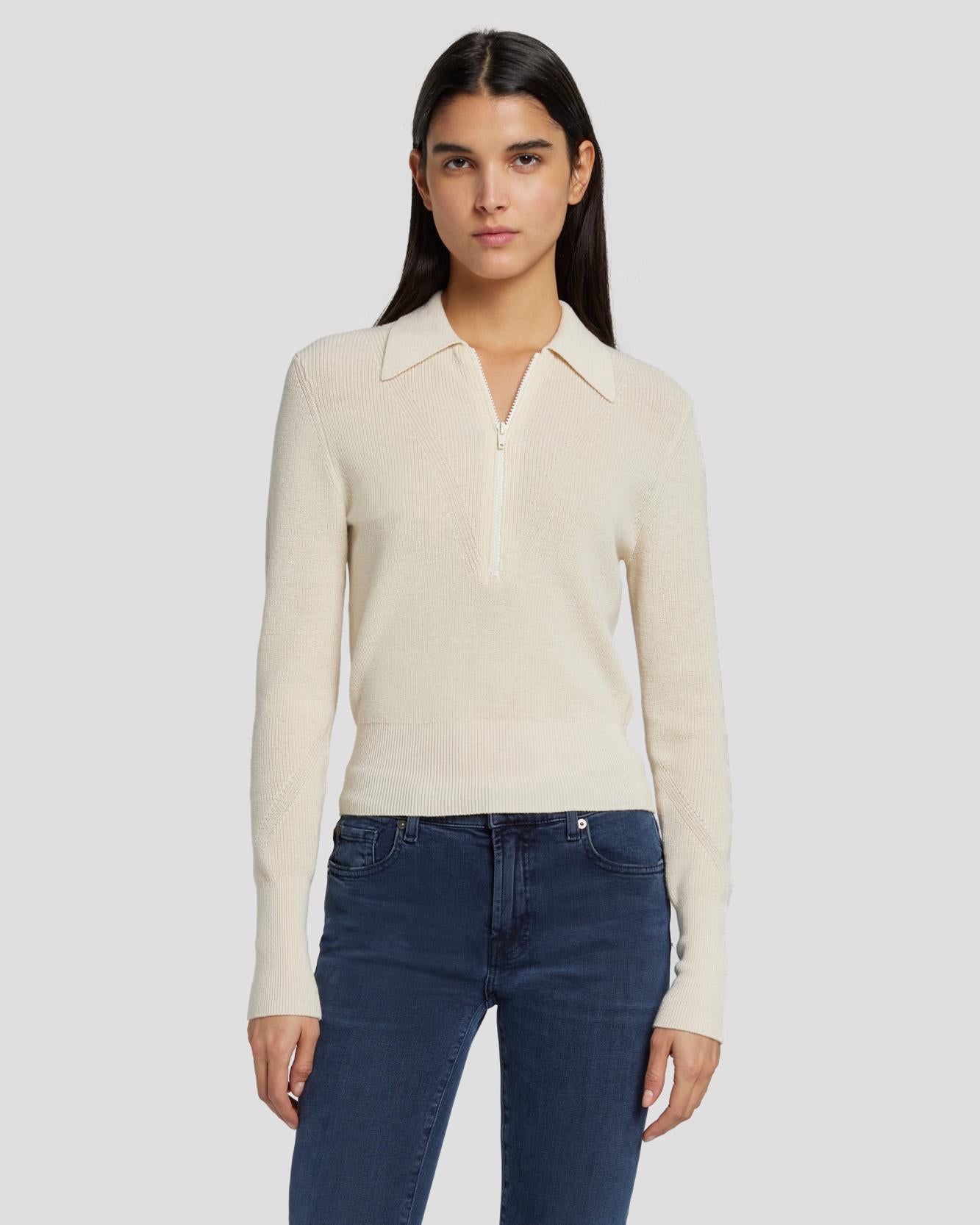 Quarter Zip Polo Sweater in Cream | 7 For All Mankind