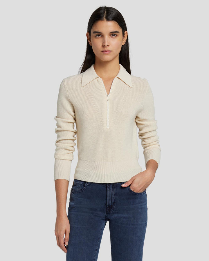 Quarter Zip Polo Sweater in Cream 7 For All Mankind