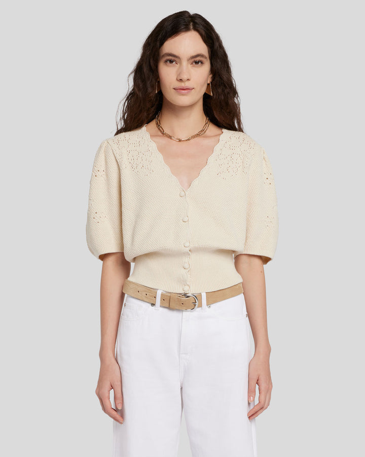 Cinched Puff Sleeve Cardigan in Bone | 7 For All Mankind