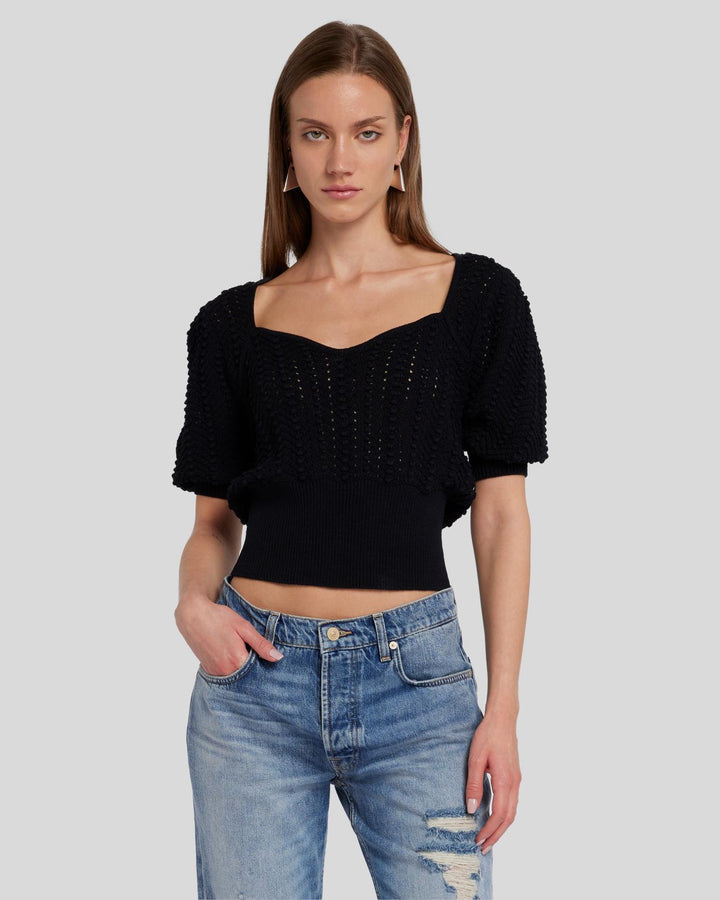Sweetheart Pointelle Knit Sweater in Black For All Mankind