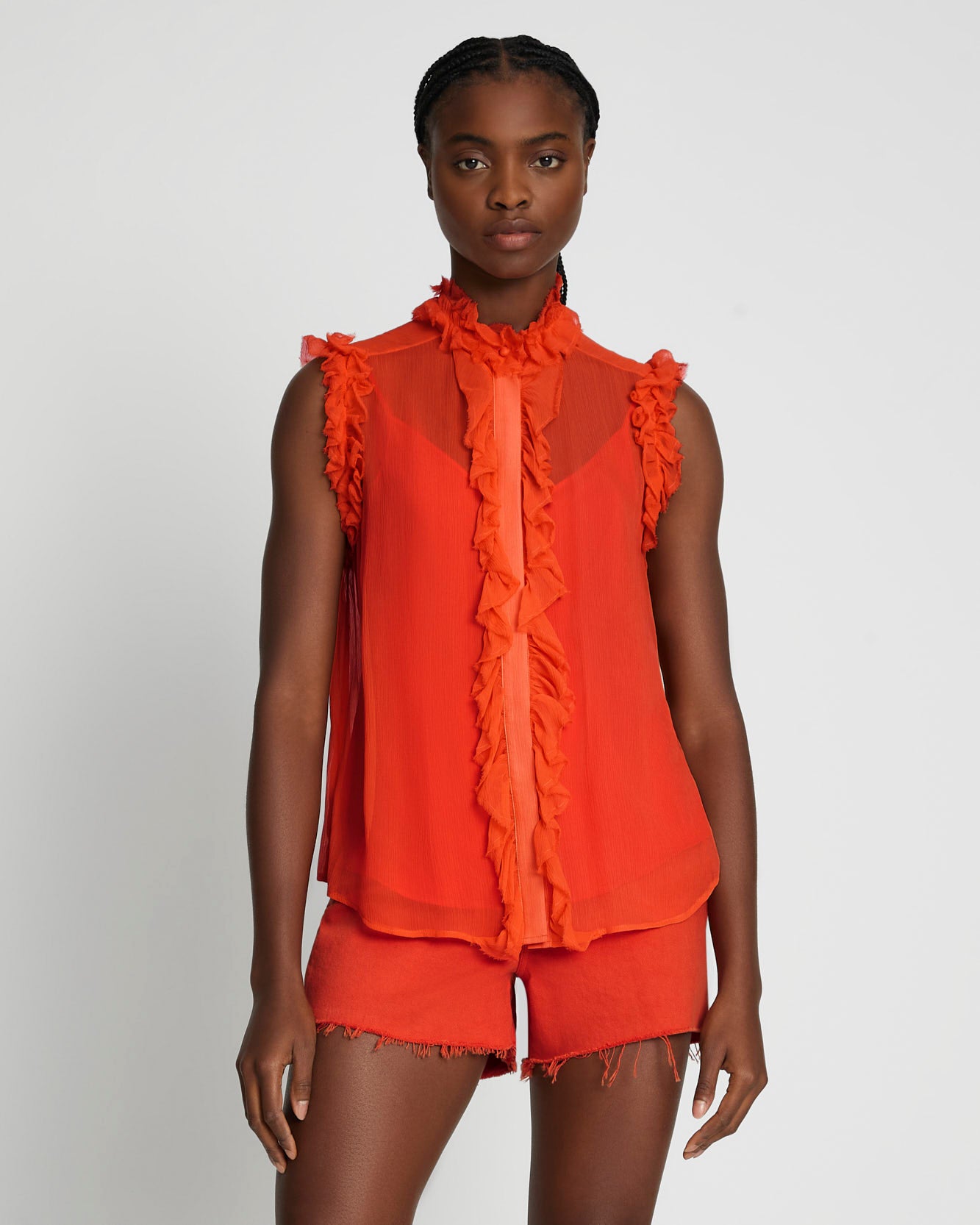 7 for all mankind Silk Sleeveless Ruffle Top Tops