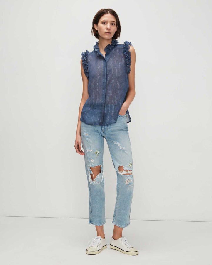 Sleeveless Lurex Stripe Ruffle Collar Shirt In Denim Blue