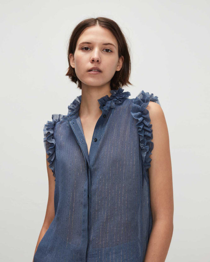 Sleeveless Lurex Stripe Ruffle Collar Shirt In Denim Blue