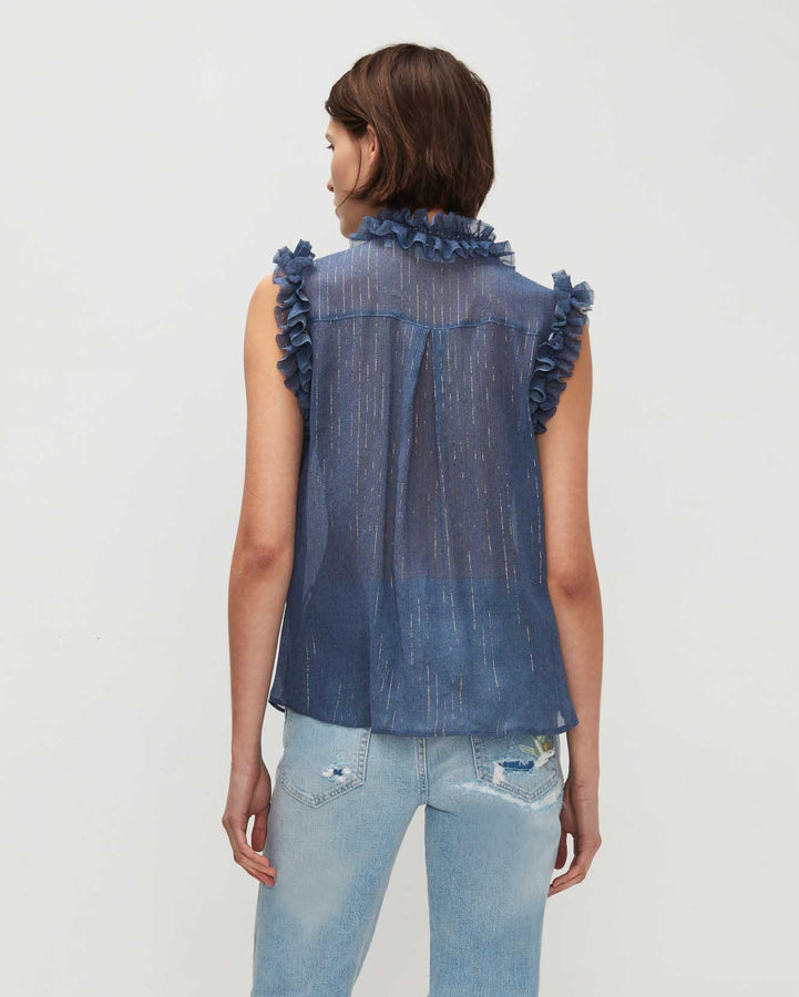 Sleeveless Lurex Stripe Ruffle Collar Shirt In Denim Blue