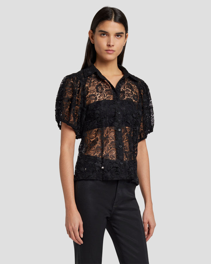 Lace Puff Sheer Blouse in Black