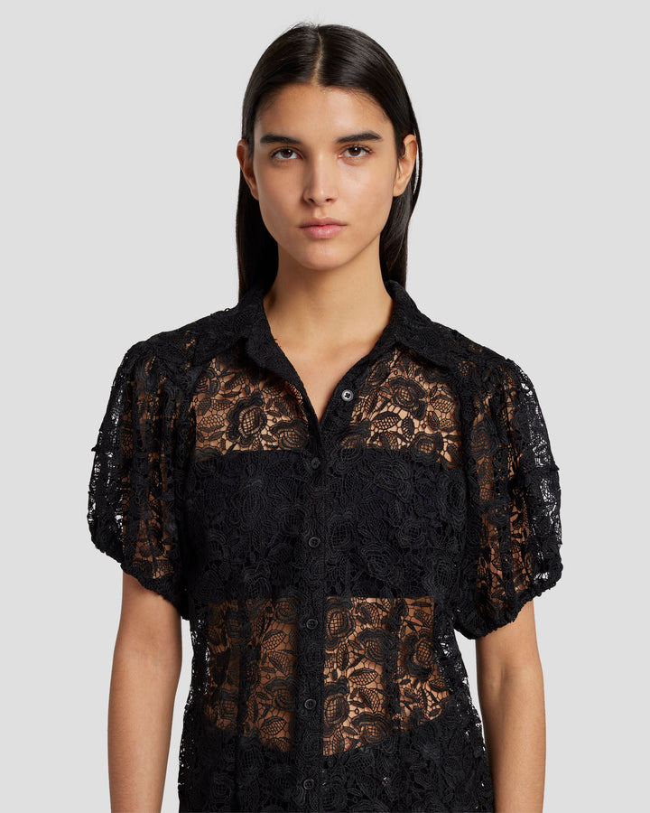 Lace Puff Sheer Blouse in Black | 7 For All Mankind