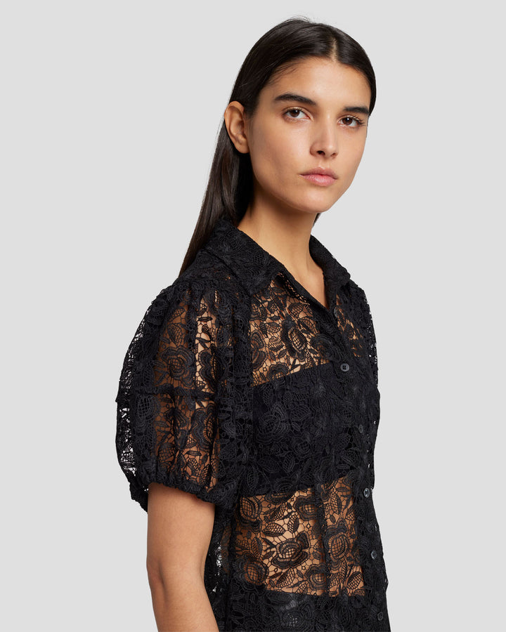 Lace Puff Sheer Blouse in Black