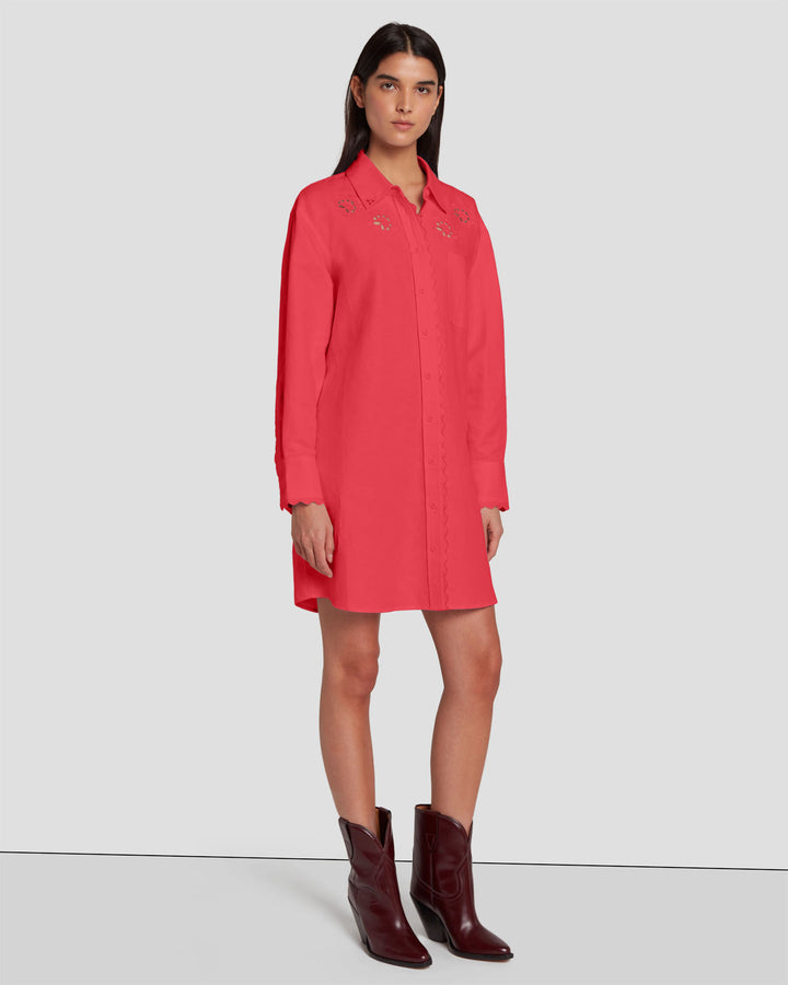 Long Sleeve Belted Fit-and-Flare Coat Dress in Coral