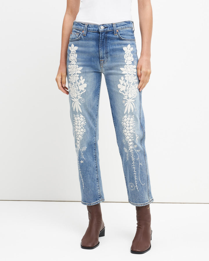 Women's High-Rise Medium Wash Floral Embroidered Flare Jean