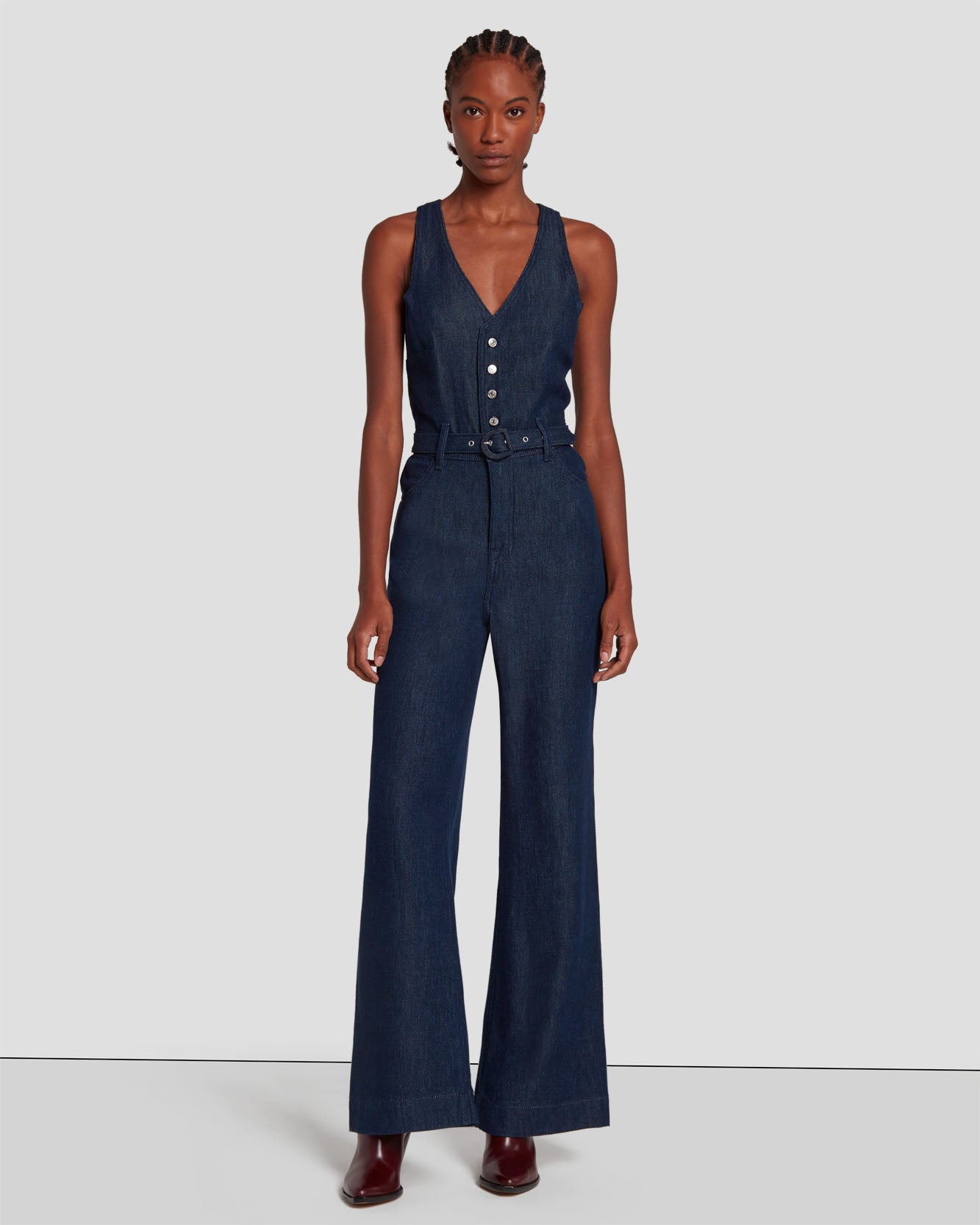 Denim Lustre Tailored Wide Leg Jumpsuit in Dark Rinse | 7 Denim Lustre Tailored Wide Leg Jumpsuit in Dark Rinse | 7