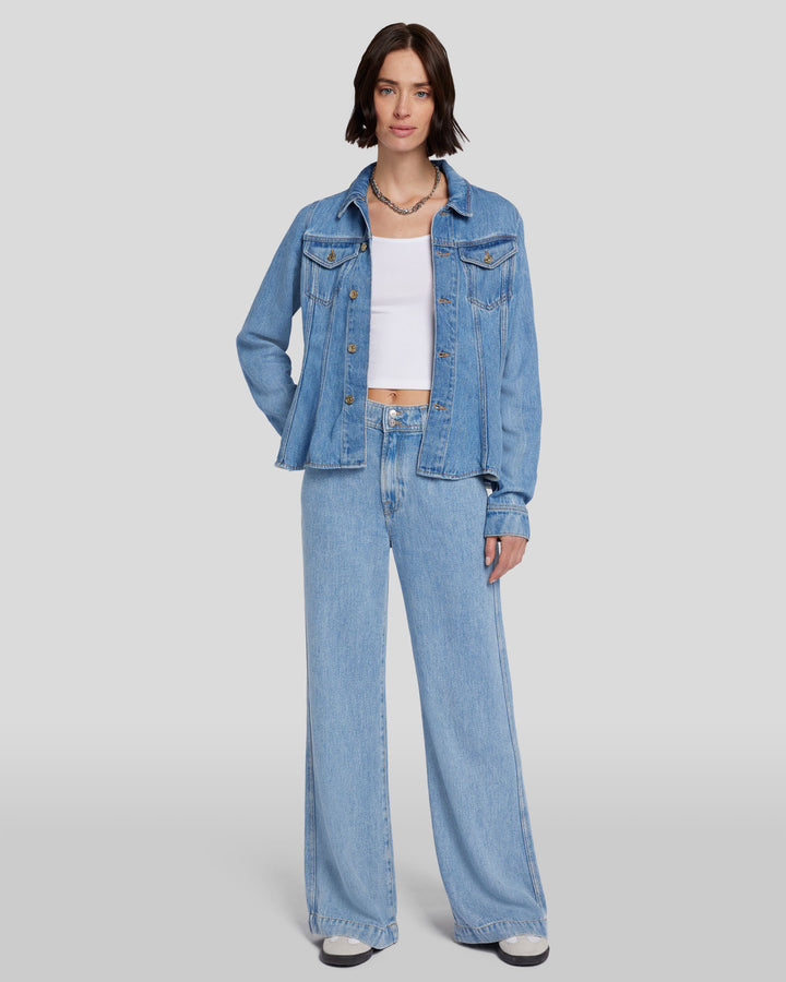 Denim Lustre Flounce Trucker Jacket in Valentine | 7 For All
