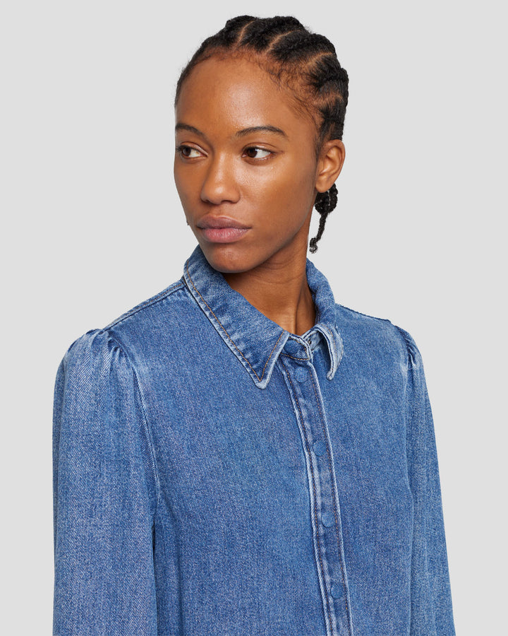 Denim Lustre Puff Sleeve Shirt in Daylily | 7 For All Mankind