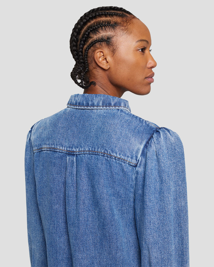 Denim Lustre Puff Sleeve Shirt in Daylily | 7 For All Mankind