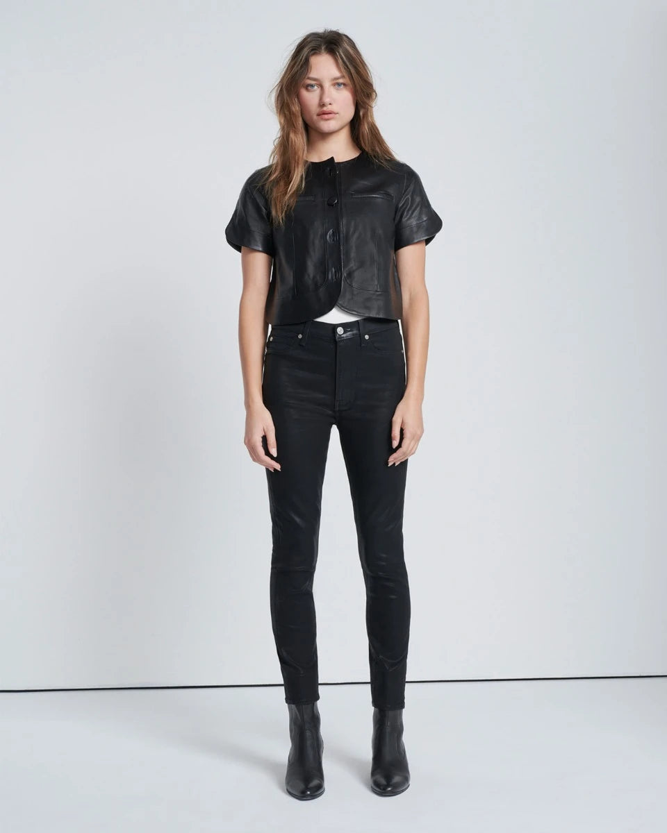 Vila leather look high waisted skinny trousers in black