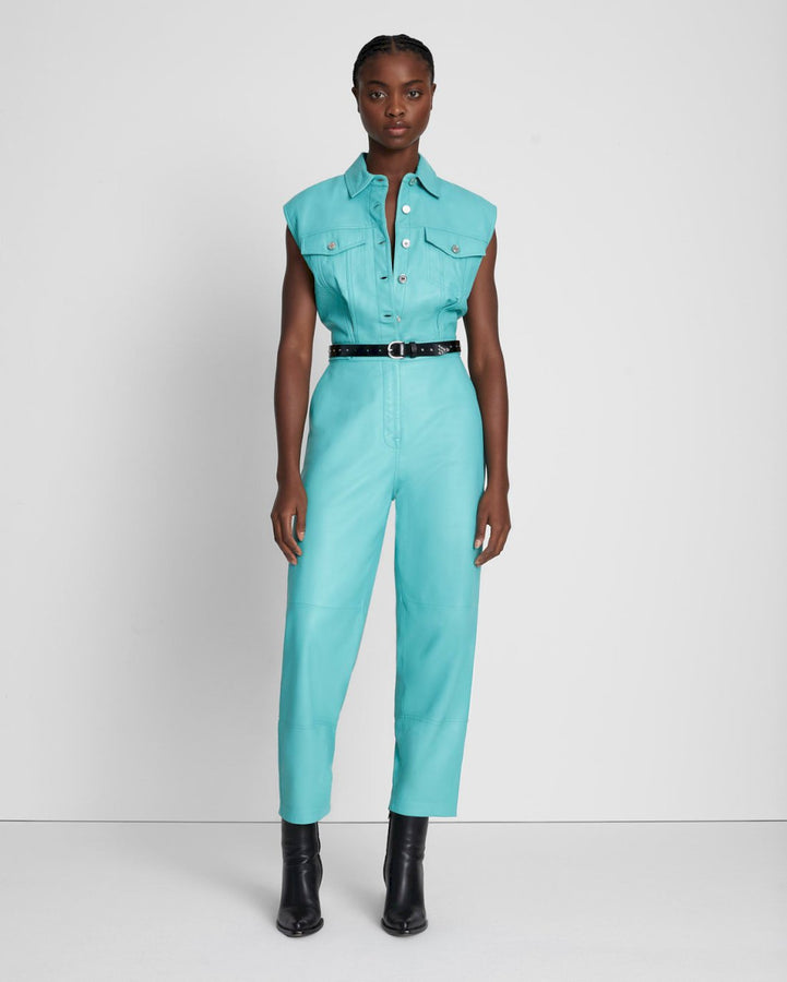 Leather Sleeveless Balloon Jumpsuit in Atlantis