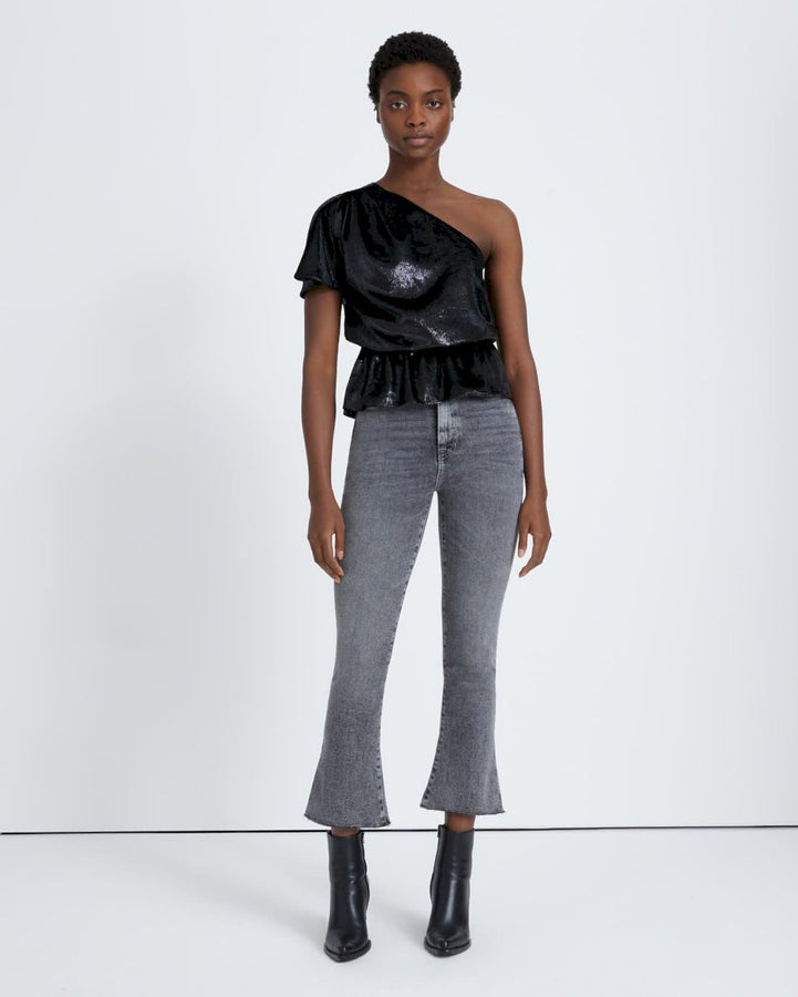 One Shoulder Ruffle Blouse in Black Shine | 7 For All Mankind